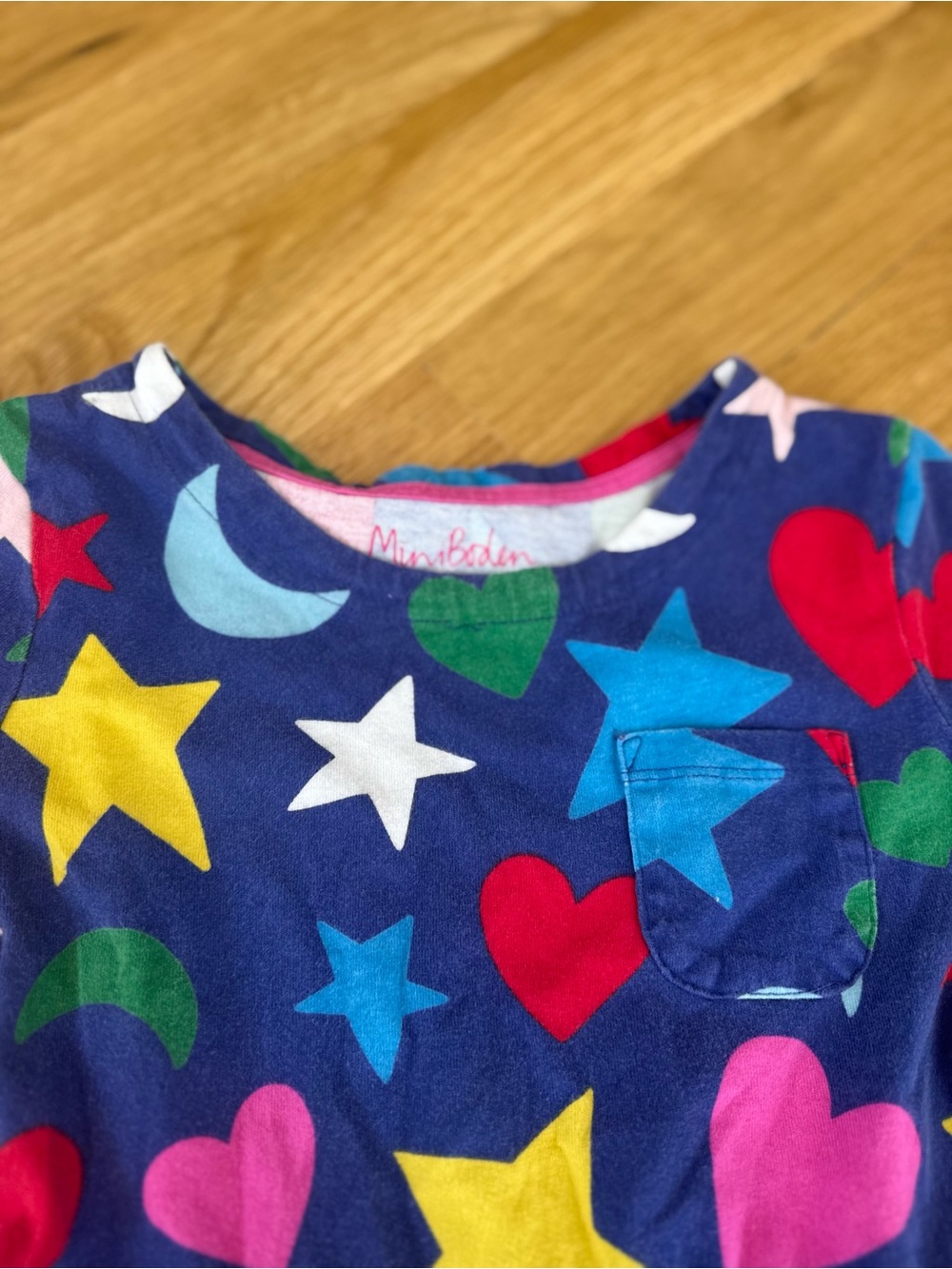 Mini Boden Navy Long-Sleeve Dress with Colorful Stars, Hearts & Moons 7-8Y - Picture 2 of 4